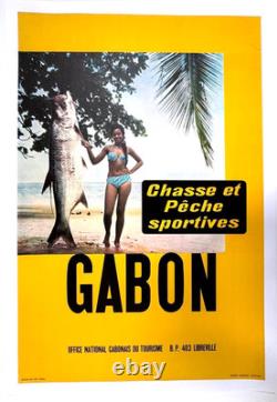 Affiche Tourisme Afrique Gabon Peche Chasse Sportive Miss Pin-up Tarpon 1960-70