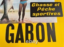 Affiche Tourisme Afrique Gabon Peche Chasse Sportive Miss Pin-up Tarpon 1960-70