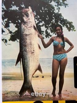 Affiche Tourisme Afrique Gabon Peche Chasse Sportive Miss Pin-up Tarpon 1960-70