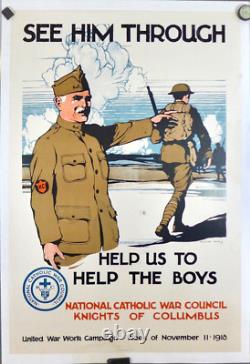 Affiche ancienne Américaine Guerre 14/18 SEE HIM TROUGH entoilée
