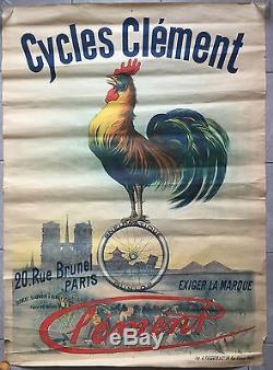 Affiche ancienne CYCLES CLEMENT Rue Brunel Paris COQ Bike VELO Original 1900