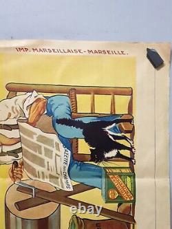 Affiche ancienne Marseille Schloesing engrais personnages chat début XXeme