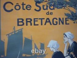 Affiche ancienne Originale Bretagne côte sud chemin de fer Naurac 1911