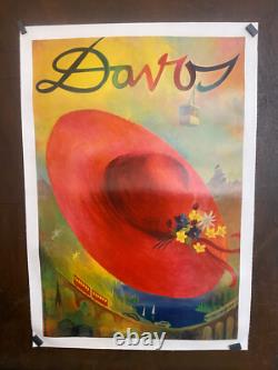 Affiche ancienne authentique DAVOS Suisse Entoilée