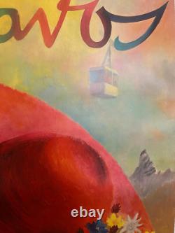 Affiche ancienne authentique DAVOS Suisse Entoilée