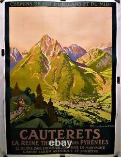Affiche ancienne chemin de fer Pyrénées Cauterets Julien Lacaze entoilée 1910
