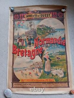 Affiche ancienne chemin de fer de l ouest entoilée 1896 Fraimont et Moreau