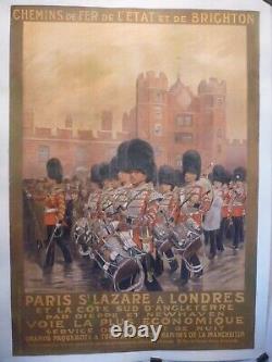 Affiche ancienne chemin de fer entoilée 1914Toussaint Paris london