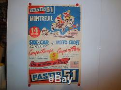 Affiche ancienne course Moto side car a Montreuil par Geo Ham motocross Pastis