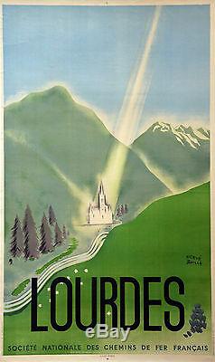 Affiche ancienne entoilée LOURDES Hervé Baille -1948