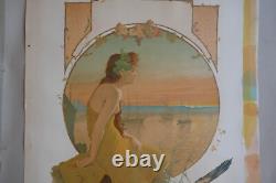 Affiche ancienne lithographie FEMME MER BATEAU signée GEOJAN