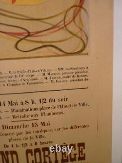 Affiche ancienne originale Bretagne Rennes fêtes des fleurs entoilée 1910 rare