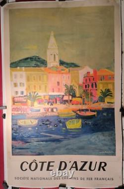 Affiche ancienne originale Côte d'Azur SNCF port de Menton 1956 entoilée