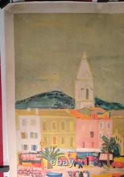 Affiche ancienne originale Côte d'Azur SNCF port de Menton 1956 entoilée