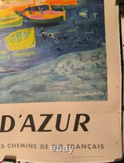 Affiche ancienne originale Côte d'Azur SNCF port de Menton 1956 entoilée