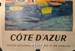Affiche ancienne originale Côte d'Azur SNCF port de Menton 1956 entoilée