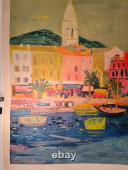 Affiche ancienne originale Côte d'Azur SNCF port de Menton 1956 entoilée