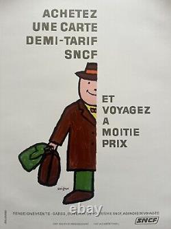 Affiche ancienne originale SNCF homme demi-tarif Savignac 1970