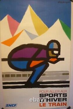 Affiche ancienne originale SNCF ski train sport d'hiver montagne 1970 Georget