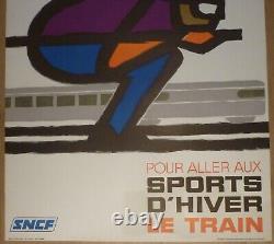 Affiche ancienne originale SNCF ski train sport d'hiver montagne 1970 Georget