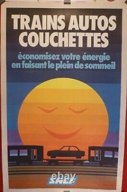Affiche ancienne originale SNCF trains autos couchettes entoilée 1980