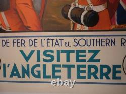 Affiche ancienne originale chemin de fer Angleterre Paris Londres 1932 entoilée