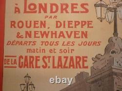 Affiche ancienne originale chemin de fer Paris Londres entoilée vers 1910