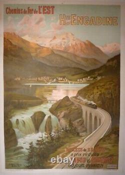 Affiche ancienne originale chemin de fer suisse Davos Engadine vers 1900