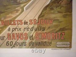 Affiche ancienne originale chemin de fer suisse Davos Engadine vers 1900