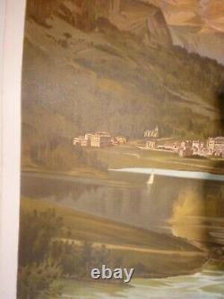 Affiche ancienne originale chemin de fer suisse Davos Engadine vers 1900