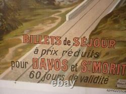 Affiche ancienne originale chemin de fer suisse Davos Engadine vers 1900
