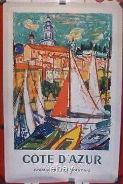 Affiche ancienne originale sncf côte d'Azur Menton entoilée 1965