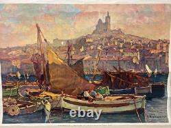 Affiche ancienne publicité Calendrier 1931 Marseille Vieux Port Bonamici Moulot
