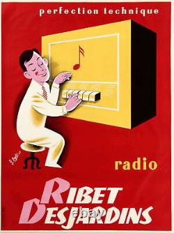 Affiche ancienne vintage Radio Ribet des Jardins 1956 entoilee