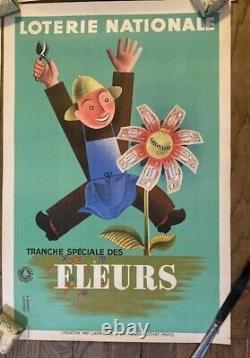 Affiche ancienne vintage loterie nationale lithographique fleur signé DEROUET