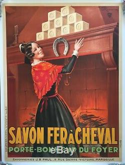 Affiche entoilée SAVON FER A CHEVAL Porte-Bonheur du Foyer HENRY LE MONNIER 1931