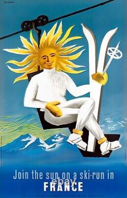 Affiche litho Join the sun on a ski run. Artiste Dubois circa 1955