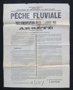 Affiche originale 1917 PÊCHE FLUVIALE réglementation Versailles Seine-et-Oise