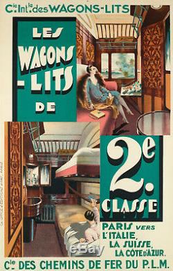 Affiche originale Art Déco Wagons Lits P. L. M. Lalique Prou 1925