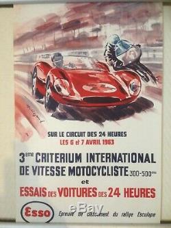 Affiche originale Essais 24 heures du Mans 1963 moto rallye Esculape Béligond