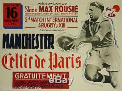 Affiche originale, Rugby à 13, Manchester vs Celtic de Paris. Stade Max Rousié
