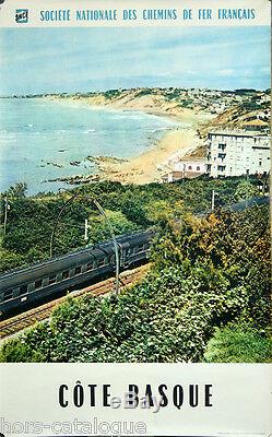 Affiche originale, SNCF Côte Basque, Train, plage, océan