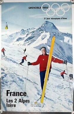Affiche originale Ski en France Les Deux Alpes Grenoble Jeux olympiques 1968