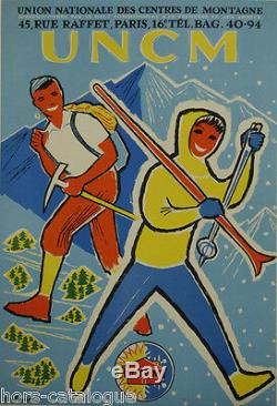 Affiche originale, UNCM, Antheanne 1950'. Union nationale centres montagne ski