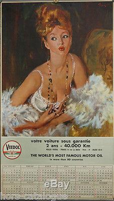 Affiche originale, Veedol motor oil, Calendrier 1964. Par Brenot. Pin-up