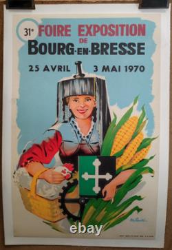 Affiche originale ancienne 1970 Bourg-en-Bresse foire exposition poulet /RS204
