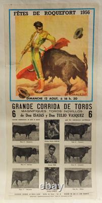 Affiche originale ancienne CORRIDA Fête de Roquefort 1956 /RS13