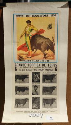 Affiche originale ancienne CORRIDA Fête de Roquefort 1956 /RS13