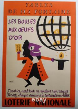 Affiche originale ancienne LOTERIE NATIONALE 1958 Fables de ma fontaine /RS275