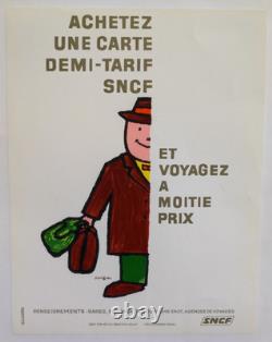 Affiche originale ancienne Savignac SNCF Voyagez à moitié prix /RS1